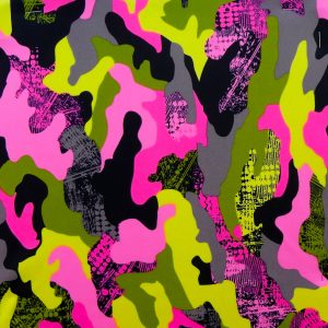 Camouflage pattern of pink, green, yellow & black