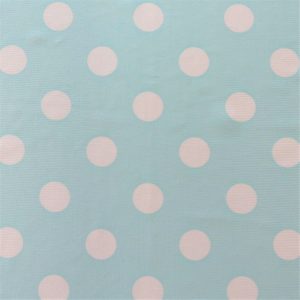 Fabric swatch with white polka dots on an aqua background design