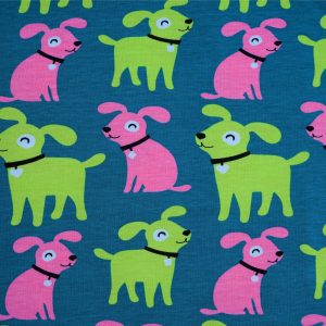 Fabric swatch with pink and green puppies