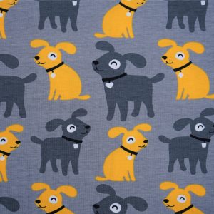 Fabric swatch with yellow and grey puppies