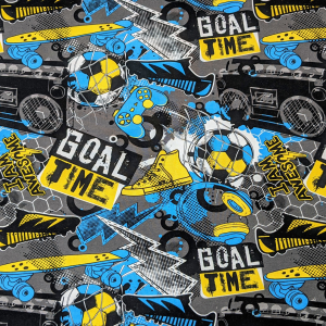 Fabric swatch with a patterned design with footballs, skateboards, headphones, boom boxes and game controllers